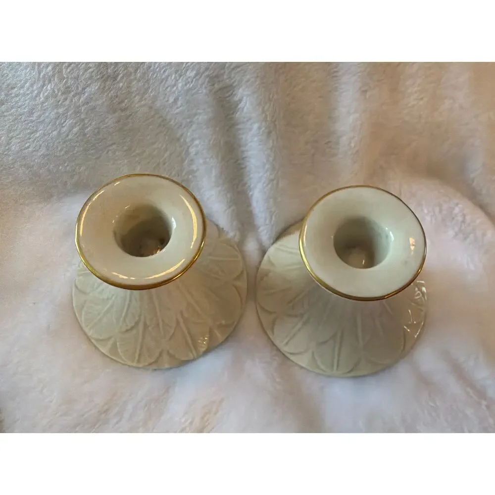 Pair Lenox Cream Gold Trim Feather Candle Holders Candlesticks Made USA 4.25